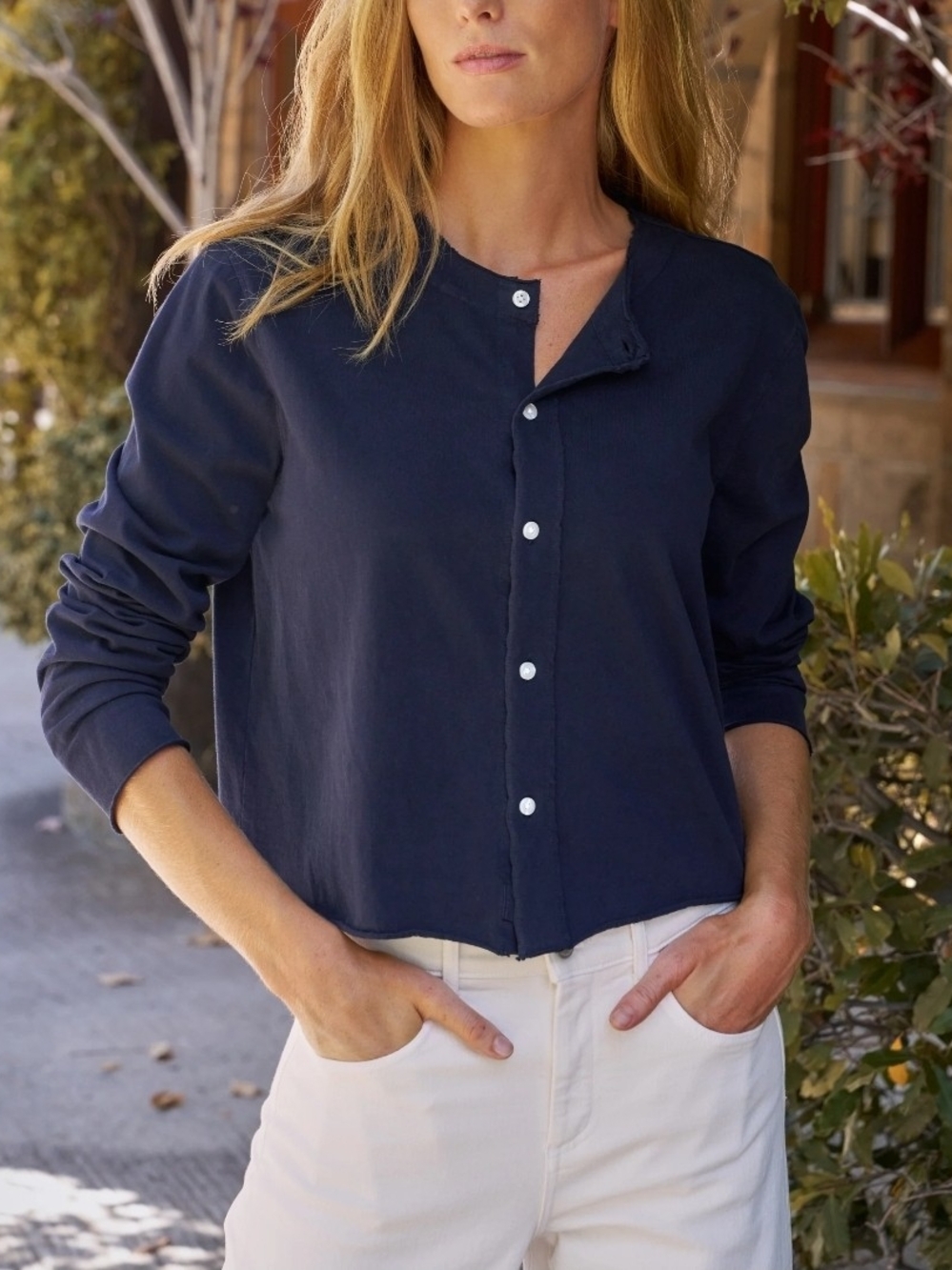 Berkley Jensen Women's Blue Knit Cardigan Sweater L Pearl Buttons 3/4 Sleeve